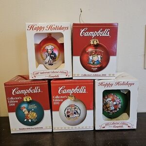 Campbell’s Soup Christmas Ornaments 1995-2001. New. 5 Pieces. Mint!
